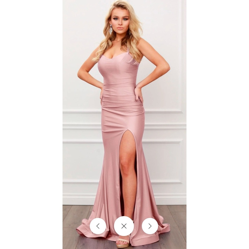 NOX Anabel Gown Women Small Pink‎ Ruched Lace Up Slit Prom Formal T481